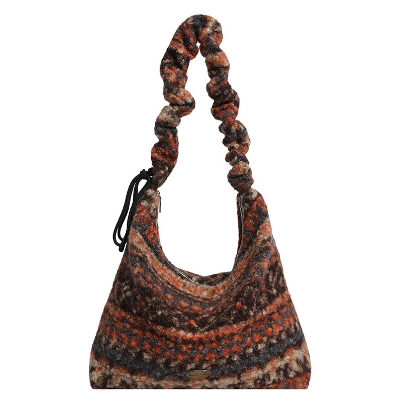 菱格民族风复古撞色抽绳毛绒托特包女秋冬氛围感通勤包肩带可调节,淘宝优惠券,粉丝福利购,淘宝优惠卷