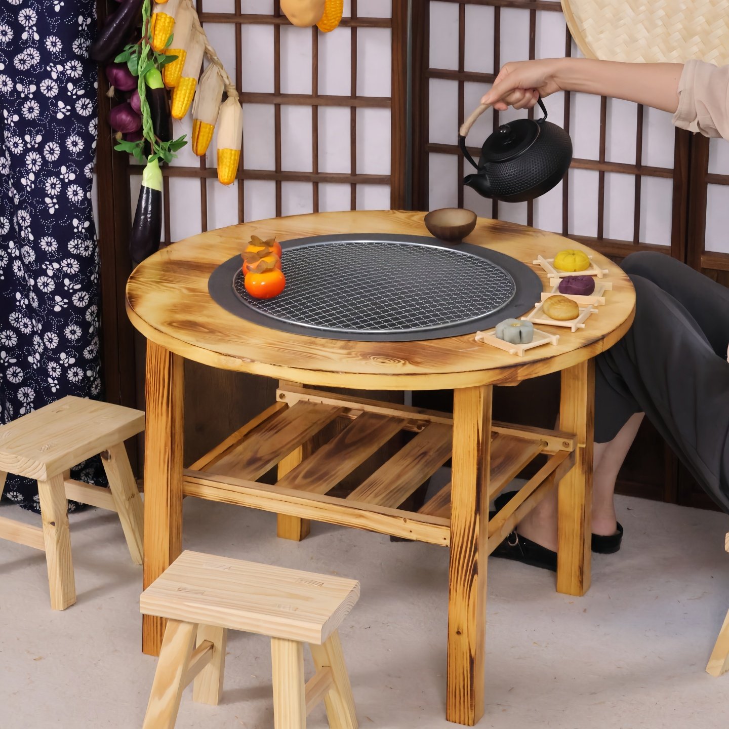 围炉煮茶实木圆桌农村老式铸铁烤火盆户外家用取暖木炭火盆烧烤架,淘宝优惠券,粉丝福利购,淘宝优惠卷