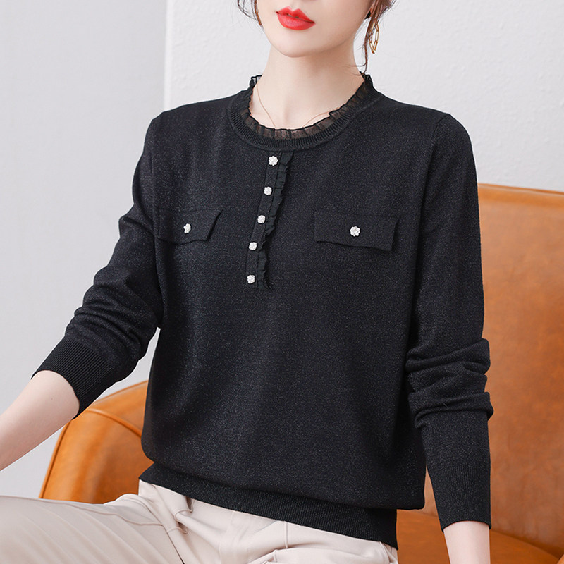 蕾丝领女秋装2021新款薄款针织衫 姿必美毛针织衫