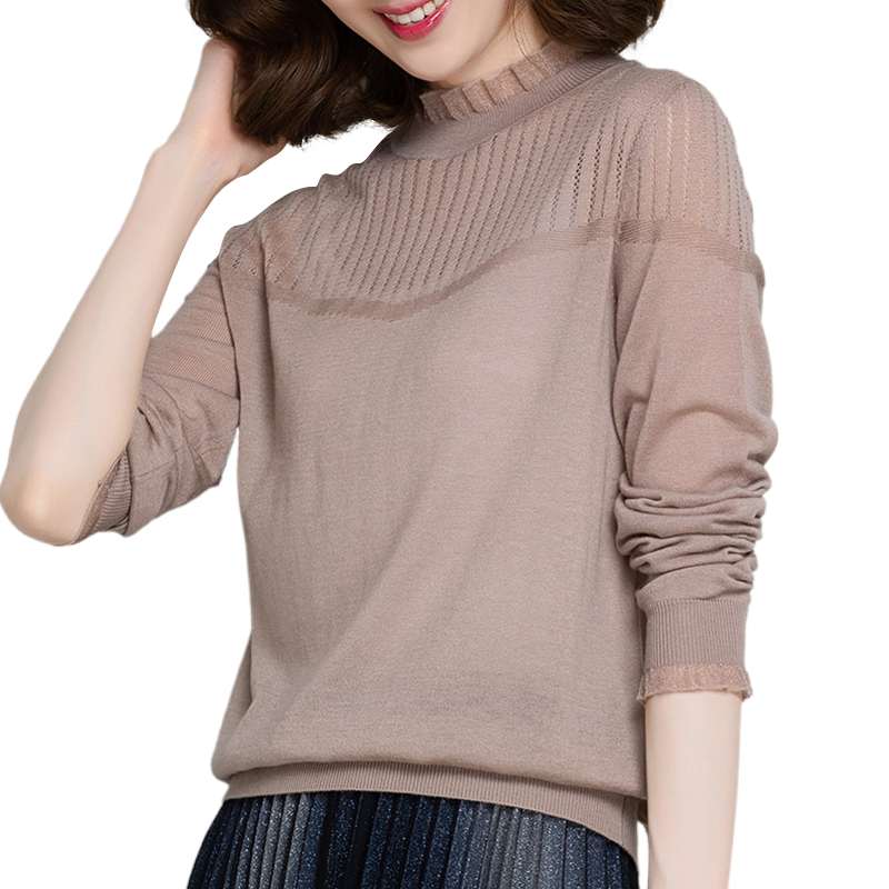 秋冬洋气蕾丝领镂空宽松外穿羊毛衫 姿必美毛针织衫