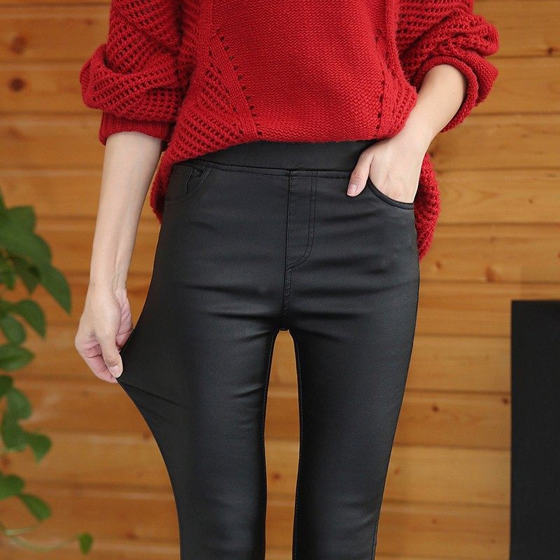 哑光磨砂加长加绒皮裤子女高腰显瘦2025年秋新款涂层弹力打底裤女,淘宝优惠券,粉丝福利购,淘宝优惠卷