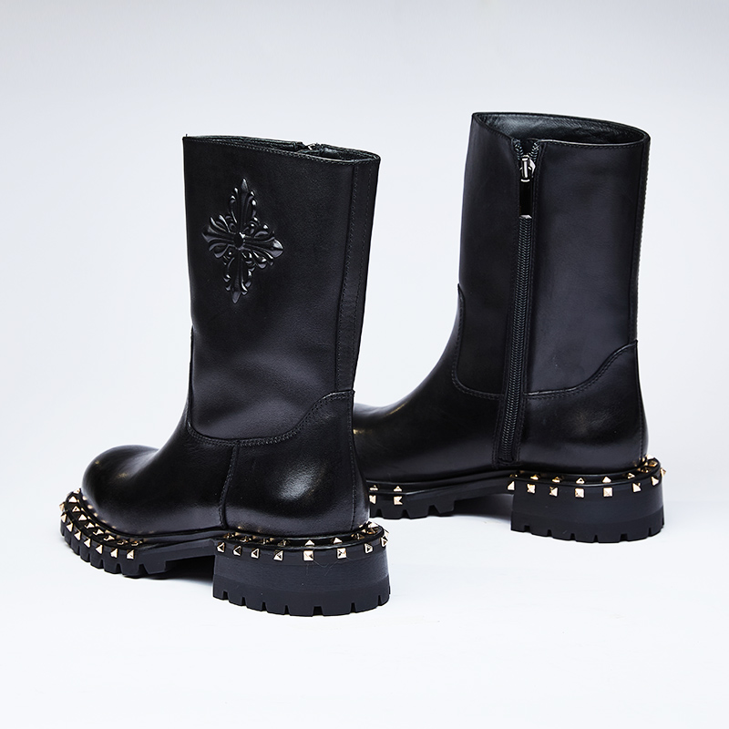 龙足潮酷铆钉厚底烟筒靴2023秋冬朋克机车风侧拉链短靴中性时装靴 - 图2