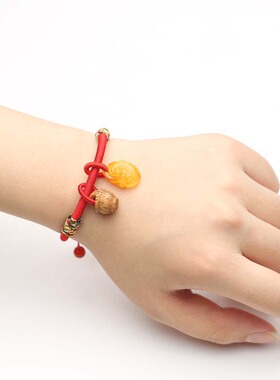 蜜蜡桃核儿童防惊吓本命年红绳