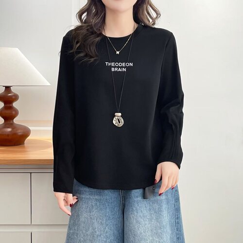 大码胖mm春季新款韩版字母印花圆领长袖T恤百搭显瘦上衣打底衫067 - 图2