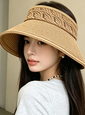 日系手工草编空顶宽檐防晒帽女