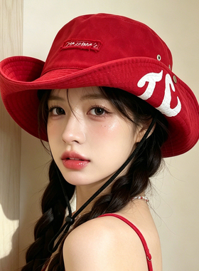 韩系字母磨毛牛仔大檐渔夫帽女