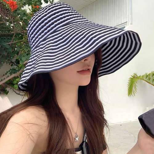 胶片日记法式复古遮阳帽子女春夏季大檐显脸小防晒气质条纹渔夫帽 - 图1