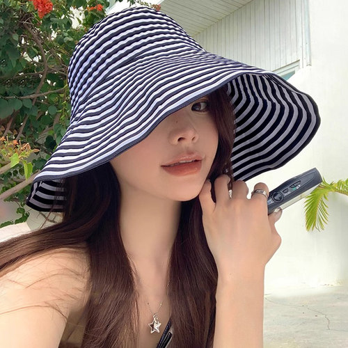 胶片日记法式复古遮阳帽子女春夏季大檐显脸小防晒气质条纹渔夫帽 - 图0