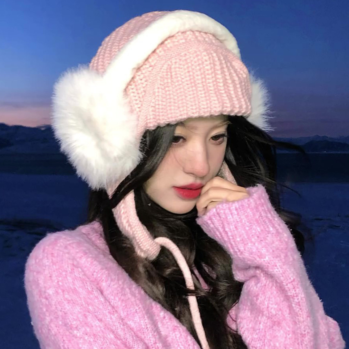 粉色针织帽子女2025冬季新款加厚保暖大头围防寒护耳帽飞行员帽潮,淘宝优惠券,粉丝福利购,淘宝优惠卷