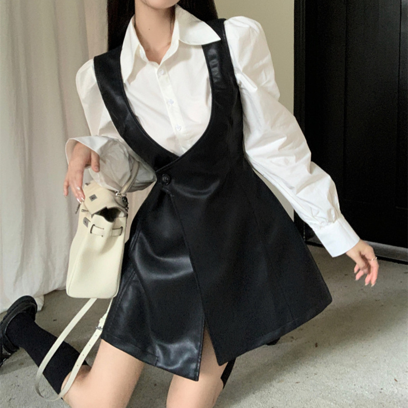 高级感皮裙背心连衣裙+纯色衬衫女2025年春秋季新款韩版时尚套装 - 图2