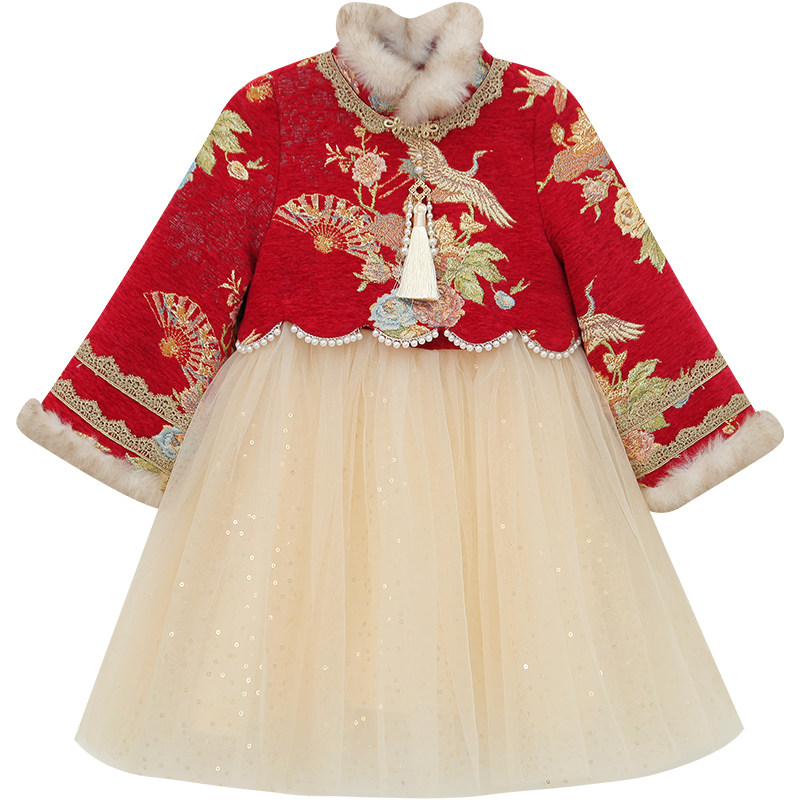女童中国风加绒连衣裙女孩汉服拜年服冬装2025新款儿童网纱公主裙,淘宝优惠券,粉丝福利购,淘宝优惠卷