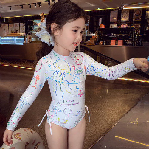 女童泳衣女孩连体三角高级感游泳衣夏季2025新款儿童长袖速干泳装 - 图0