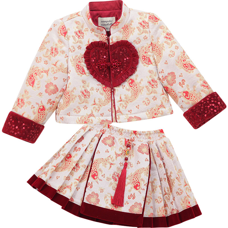 女童拜年服冬装2025新款洋气儿童唐装夹棉外套半身裙女孩新年战袍,淘宝优惠券,粉丝福利购,淘宝优惠卷