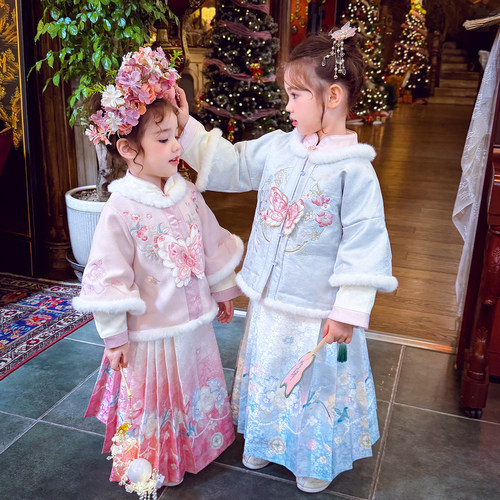 米米哈罗女童新中式马面裙加绒小女孩明制汉服半身裙冬装2025新款 - 图3