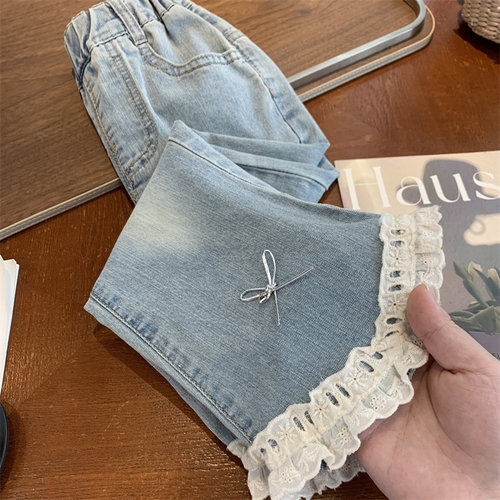 女童牛仔裤夏装2025新款时尚儿童高腰显瘦九分裤小女孩弹力喇叭裤 - 图0