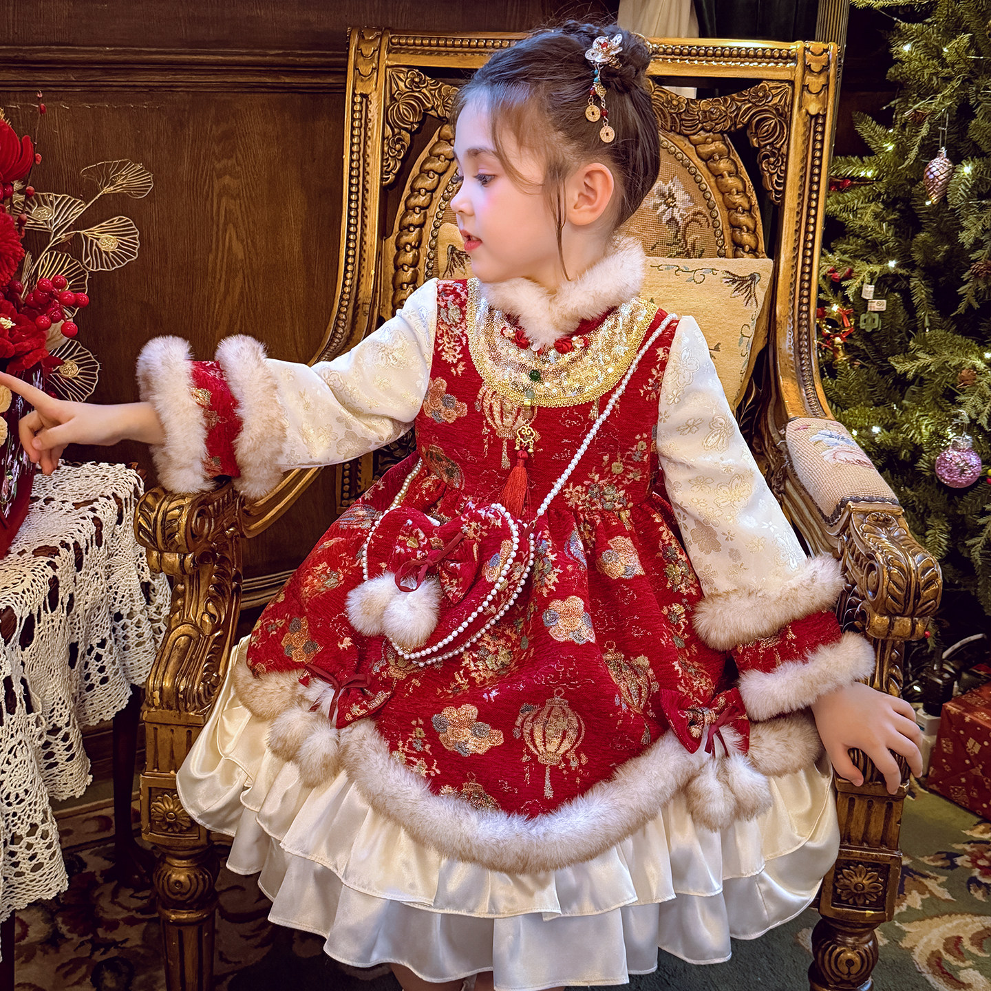 米米哈罗女童旗袍公主裙冬2026新款儿童国风加绒连衣裙女孩新年装,淘宝优惠券,粉丝福利购,淘宝优惠卷