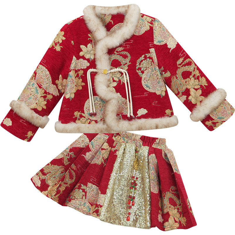 女童新年装冬装2025新款洋气儿童新中式网红套裙小女孩红色拜年服,淘宝优惠券,粉丝福利购,淘宝优惠卷