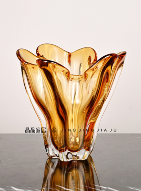 北欧现代琥珀色宽口美式客厅插花玻璃花瓶透明大号餐桌样板间摆件