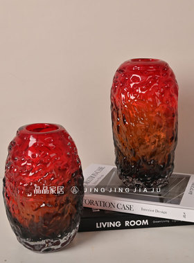 极简琉璃深红色高档凹凸小口插花器室内桌面水晶插花瓶样板间摆件