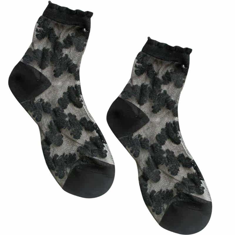 丝袜女韩国进口GG透明网纱女袜木耳边薄棉水