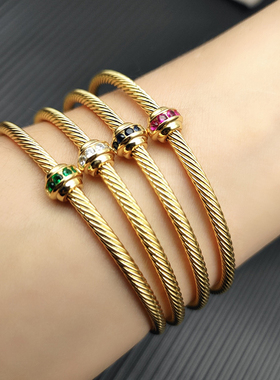 David Yurman大卫雅曼全金中间满钻钢丝绳手镯DY轻奢开口女3MM