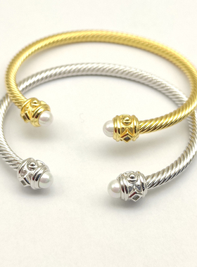 David Yurman大卫雅曼菱角珍珠钢丝绳开口手镯DY复古麻花手环4MM