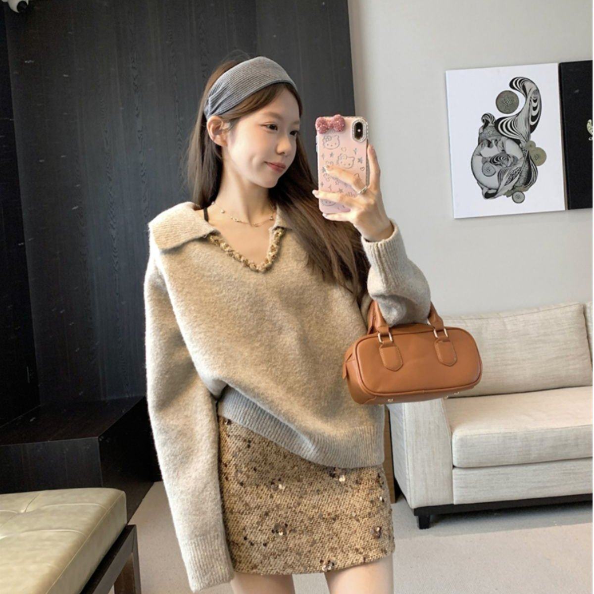 2025新款大码时尚套装女重工编织翻领毛衣亮片包臀半身裙两件套,淘宝优惠券,粉丝福利购,淘宝优惠卷