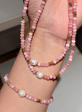 粉色水晶天然石珍珠项链女夏高级感小众多巴胺新中式锁骨颈链饰品
