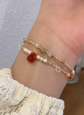 红玛瑙手链女小众百搭高级感饰品配饰清冷感闺蜜天然石真珍珠手饰