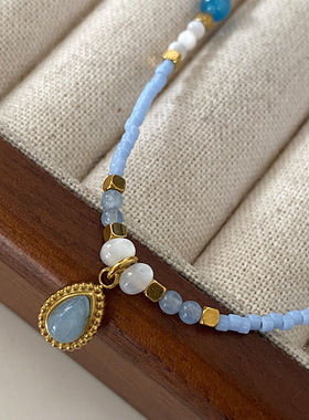 蛋白石水滴吊坠手链法式复古公主风手饰女春夏新款手作海蓝色手串