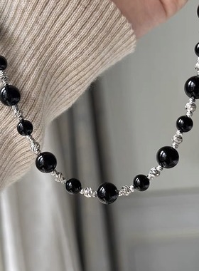 媛优 满天星切花珠黑玛瑙轻奢小众项链高级颈链毛衣链2023新款女