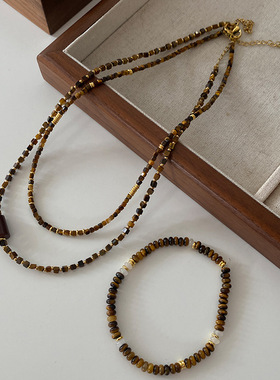 天然石方块串珠项链高级感美拉德毛衣链2024时尚复古中古风锁骨链