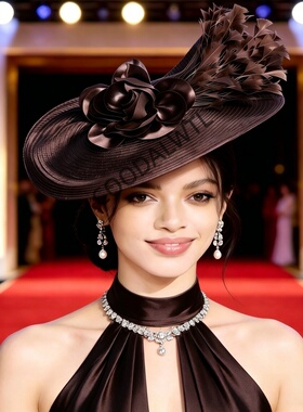 英式红色羽毛礼帽女花朵头饰晚宴酒会礼服搭配团队 fascinator