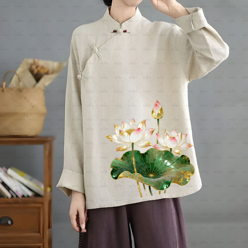 原创国风金边荷花莲花烫画图案T恤衣服贴花热转印贴帆布包图案贴