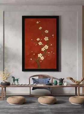 新中式轻奢红色中古风桃花茶室客厅卧室装饰画玄关样板房壁画挂画