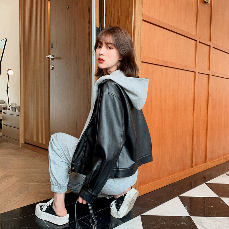 黑色皮衣外套女2025新款酷飒风连帽宽松休闲短款机车外套PU皮夹克,淘宝优惠券,粉丝福利购,淘宝优惠卷