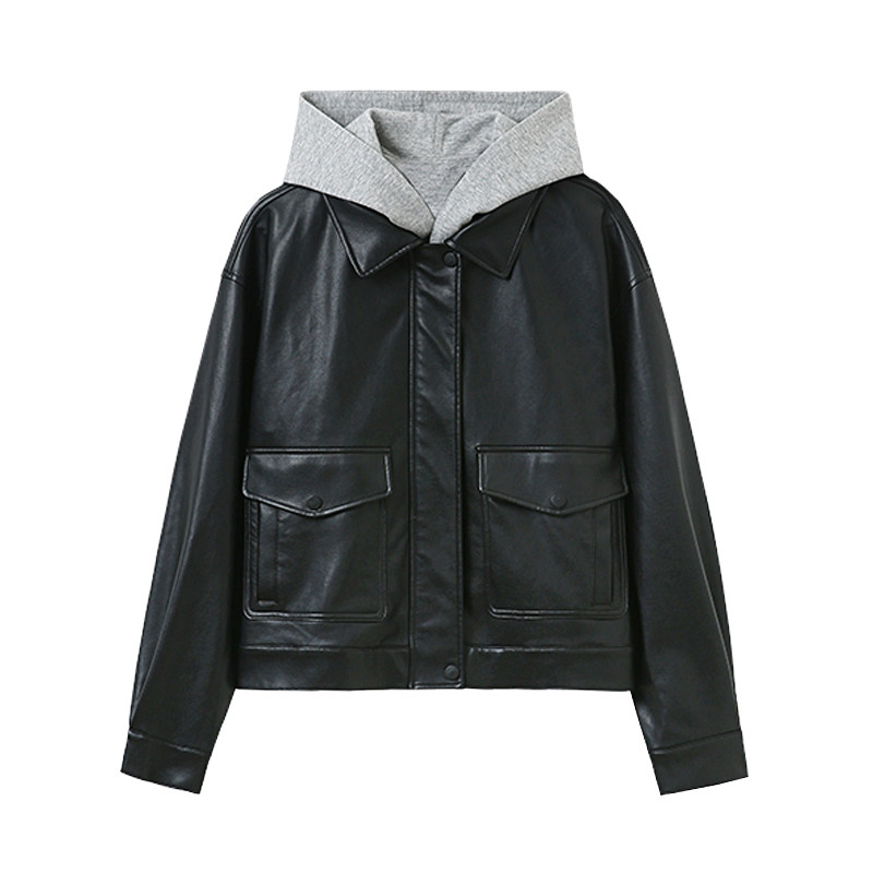 黑色皮衣外套女2025新款酷飒风连帽宽松休闲短款机车外套PU皮夹克,淘宝优惠券,粉丝福利购,淘宝优惠卷