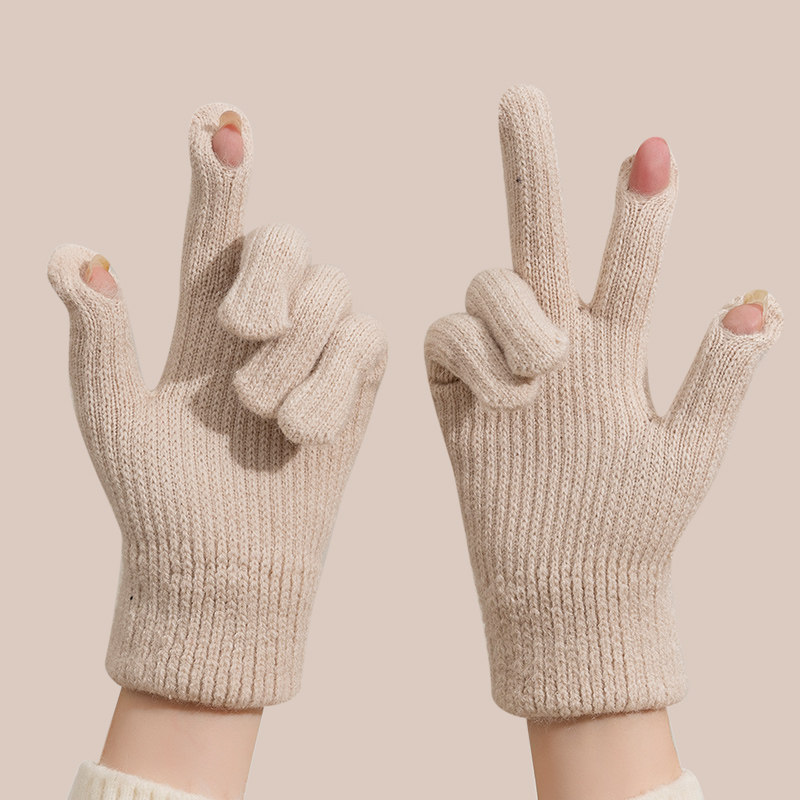 冬季加厚保暖手套ins风骑车防寒防冻双层可触屏针织毛线露指手套,淘宝优惠券,粉丝福利购,淘宝优惠卷