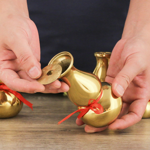 铜葫芦花瓶风水装饰品中式摆件家居喜庆用品铜钱盖八卦瓶福禄铜瓶 - 图1