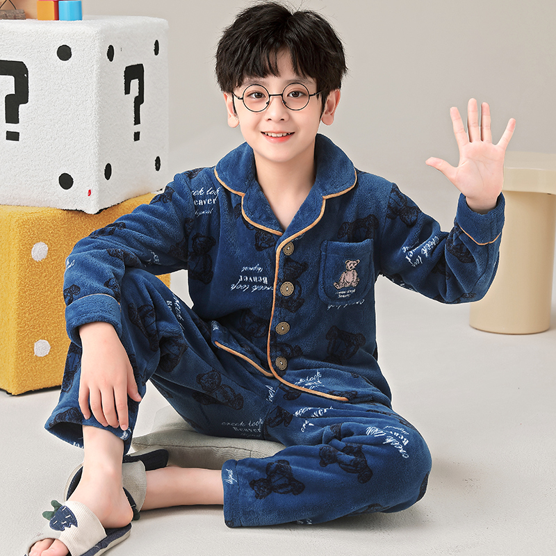 男童法兰绒睡衣儿童秋冬加厚珊瑚绒中大童小孩家居服男孩加绒套装