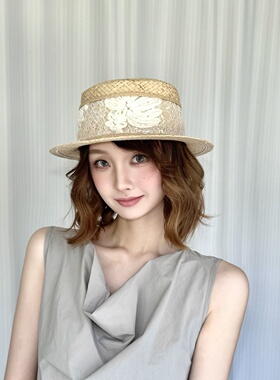 法式轻奢蕾丝小蝴蝶结平顶草帽女夏季出游百搭显脸小遮阳帽子礼帽