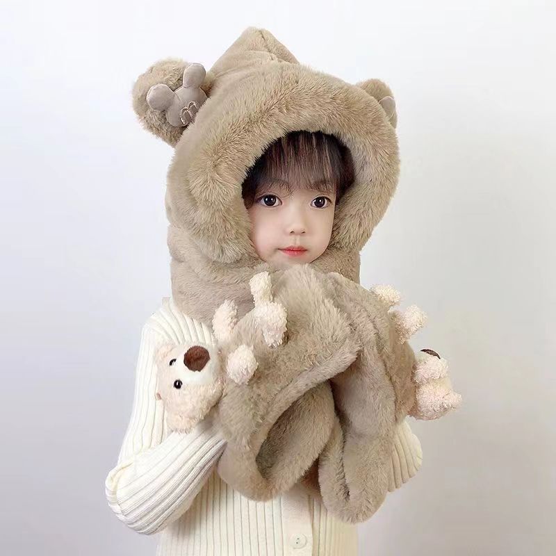 儿童帽子围巾手套三件套冬季加绒加厚女童一体帽男大童保暖防风帽