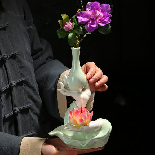 陶瓷佛手花瓶花插摆件家用线香插禅意莲花家居室内博古架装饰摆设 - 图2
