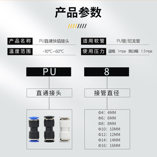 气动气管快插接头快速接头PU-8直通对接PU4 PU6 PU8 PU10 PU12 16 - 图0