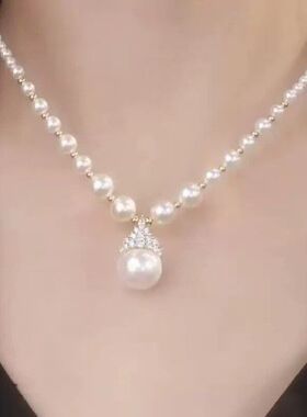 闪亮王妃锁骨链欧美风气质冰雪女王项链奢华米白色珍珠皇冠锁骨链