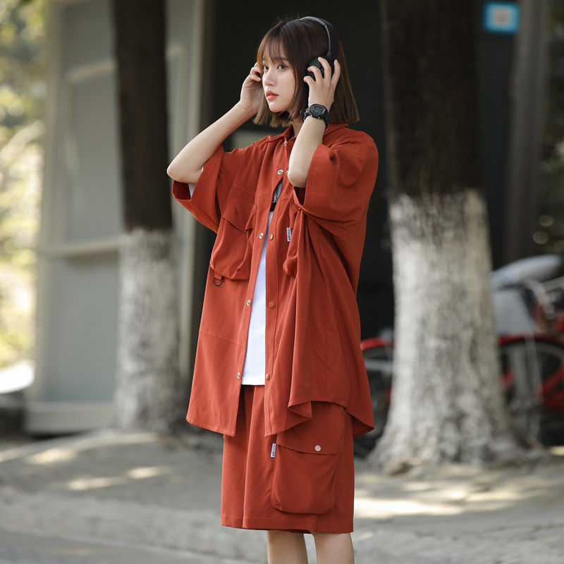 夏季新款美式痞帅宽松工装休闲套装男女发型师潮牌衬衫短裤两件套,淘宝优惠券,粉丝福利购,淘宝优惠卷