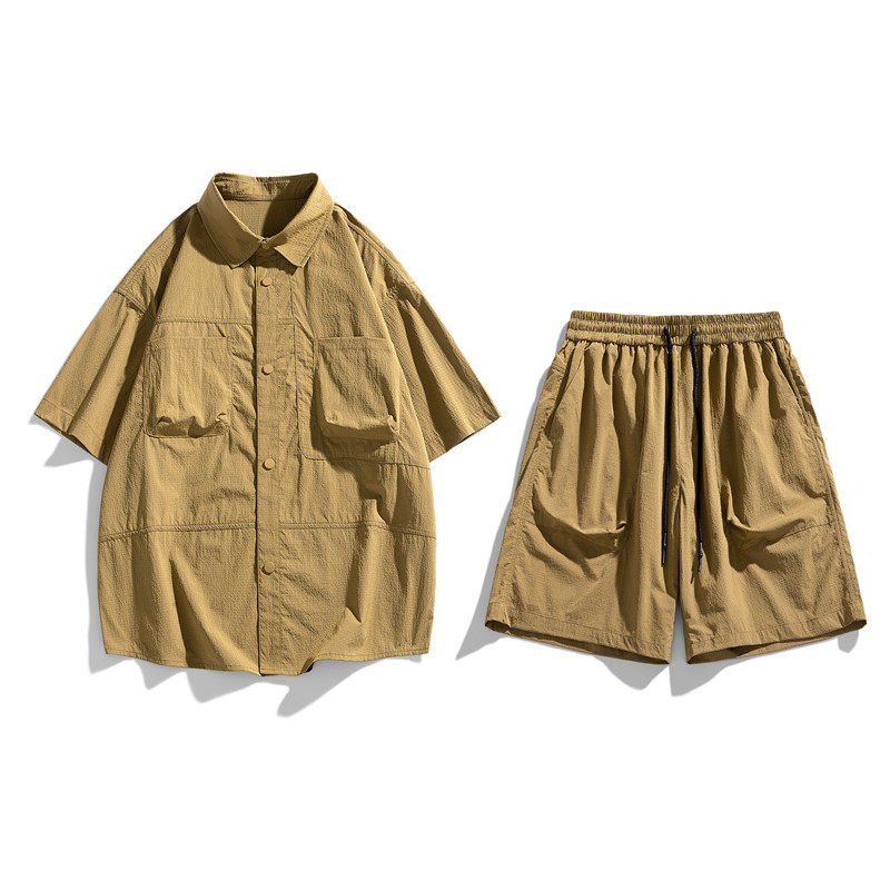 夏季新款美式痞帅宽松工装休闲套装男女发型师潮牌衬衫短裤两件套,淘宝优惠券,粉丝福利购,淘宝优惠卷