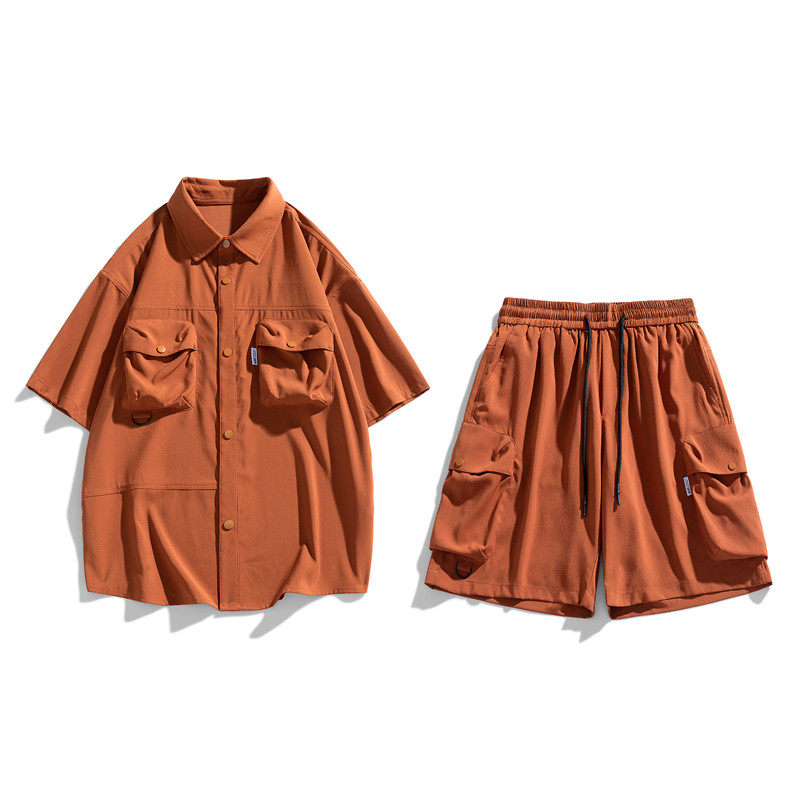 夏季新款美式痞帅宽松工装休闲套装男女发型师潮牌衬衫短裤两件套,淘宝优惠券,粉丝福利购,淘宝优惠卷