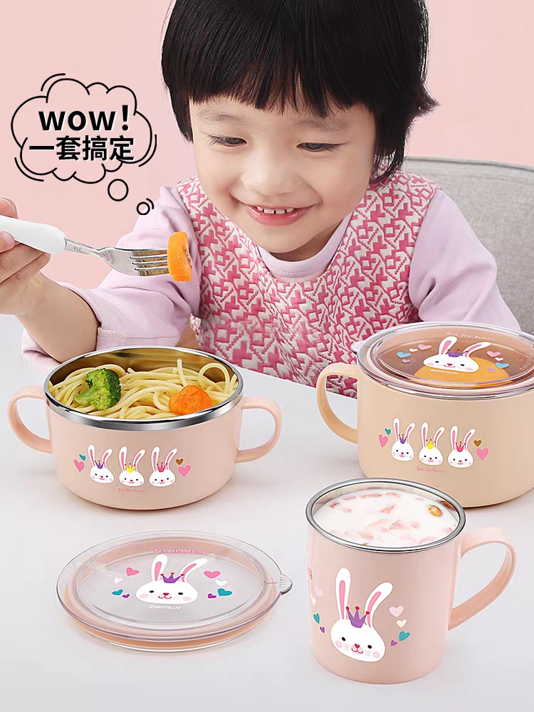 韩国一体小学生双耳汤碗316不锈钢儿童防烫防摔带盖宝宝饭碗可爱 - 图0