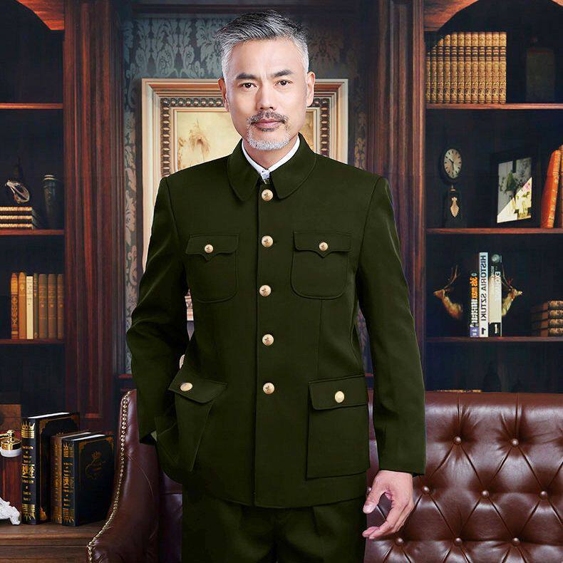 高档军绿色中山装套装男老式中山服老年人父亲装外套军便服爷爷装